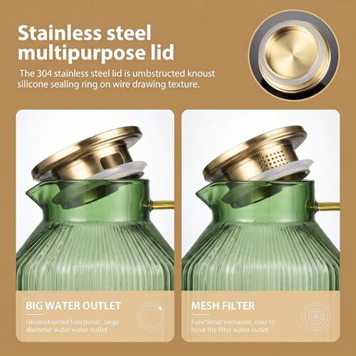 1 Gallon Glass Pitcher with Lid, 2 Pack Ribbed Green Glass Water Carafe with Spout for Iced Tea, Coffee, Juice, alternate
