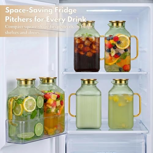 1 Gallon Glass Pitcher with Lid, 2 Pack Ribbed Green Glass Water Carafe with Spout for Iced Tea, Coffee, Juice, alternate