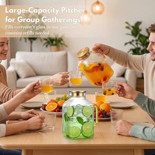 1 Gallon Glass Pitcher with Lid, 2 Pack Ribbed Green Glass Water Carafe with Spout for Iced Tea, Coffee, Juice, alternate