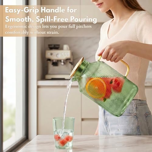 1 Gallon Glass Pitcher with Lid, 2 Pack Ribbed Green Glass Water Carafe with Spout for Iced Tea, Coffee, Juice, alternate