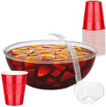 1 Large Disposable Plastic Serving Bowl with 1 Ladle and 18 Plastic Red Cups, 1.5 Gallon (192 oz) Clear Salad &