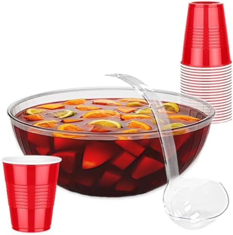 1 Large Disposable Plastic Serving Bowl with 1 Ladle and 18 Plastic Red Cups, 1.5 Gallon (192 oz) Clear Salad &