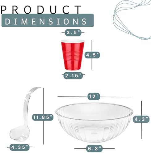1 Large Disposable Plastic Serving Bowl with 1 Ladle and 18 Plastic Red Cups, 1.5 Gallon (192 oz) Clear Salad &, alternate