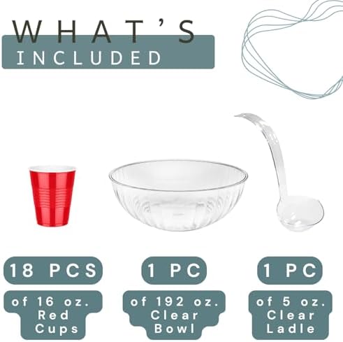 1 Large Disposable Plastic Serving Bowl with 1 Ladle and 18 Plastic Red Cups, 1.5 Gallon (192 oz) Clear Salad &, alternate
