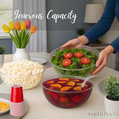 1 Large Disposable Plastic Serving Bowl with 1 Ladle and 18 Plastic Red Cups, 1.5 Gallon (192 oz) Clear Salad &, alternate