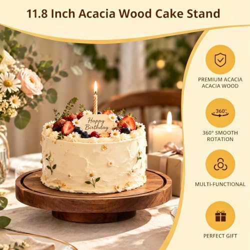 1 Pack 11.8" Acacia Wood Revolving Cake Stand in wooden, alternate view 4