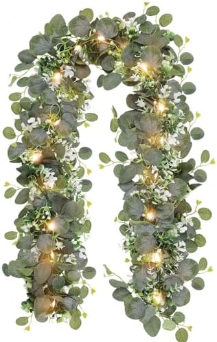 1 Pack Artificial Eucalyptus Garland with Lights, 6FT Artificial Greenery Summer Garlands, Battery Operated Twig