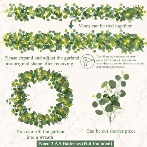 1 Pack Artificial Eucalyptus Garland with Lights, 6FT Artificial Greenery Summer Garlands, Battery Operated Twig, alternate
