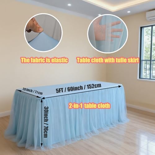 1-Pack Blue 2-in-1 Tulle Tablecloth for 5-Foot Rectangular Table in 60" x 28" (Rectangular) in Blue, alternate view 2