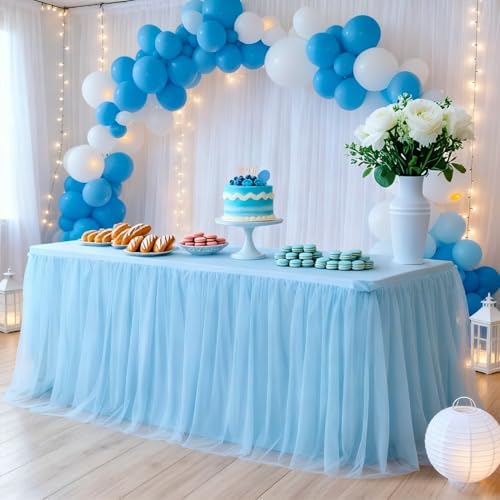 1-Pack Blue 2-in-1 Tulle Tablecloth for 6-Foot Rectangular Table in 72" x 30" (Rectangular) in Blue