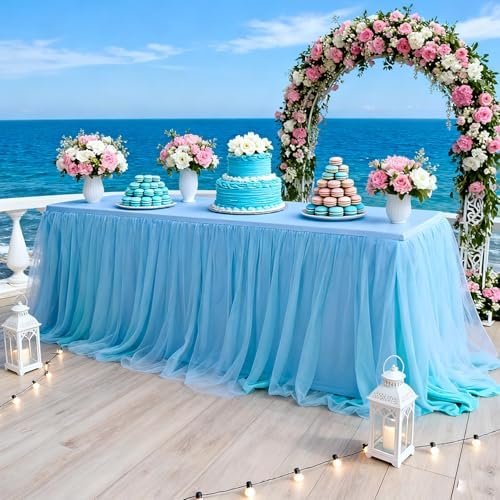 1-Pack Blue 2-in-1 Tulle Tablecloth for 6-Foot Rectangular Table in 72" x 30" (Rectangular) in Blue, alternate view 4