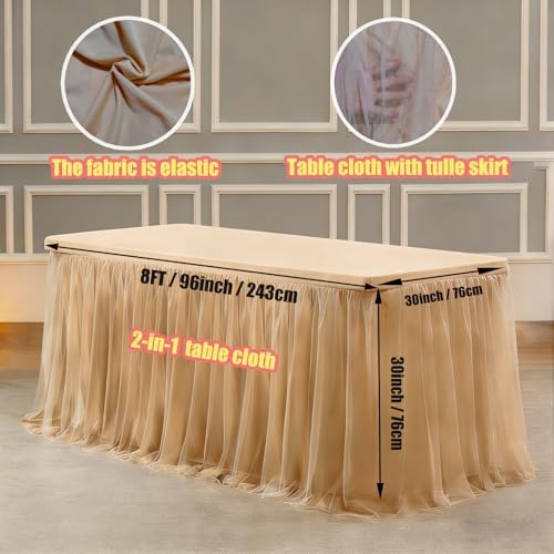 1-Pack Champagne 2-in-1 Tulle Tablecloth for 8-Foot Rectangular Table in 96" x 30" (Rectangular) in Champagne, alternate view