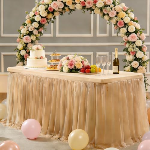 1-Pack Champagne 2-in-1 Tulle Tablecloth for 8-Foot Rectangular Table in 96" x 30" (Rectangular) in Champagne, alternate view