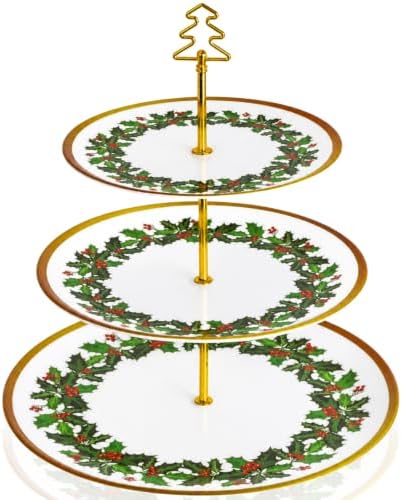 1 Pack Christmas 3 Tier Cupcake Stand, Holly Melamine Serving Tray in Red and Green