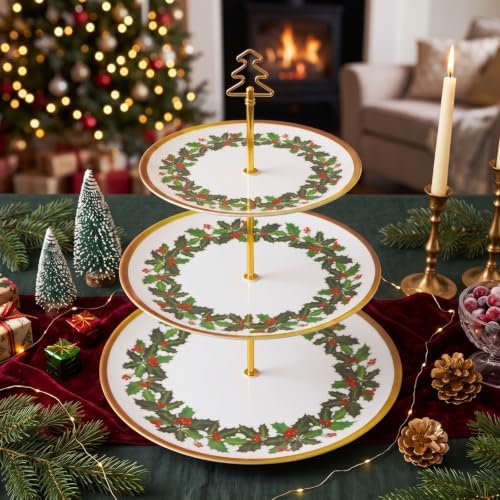 1 Pack Christmas 3 Tier Cupcake Stand, Holly Melamine Serving Tray in Red and Green, alternate view 2
