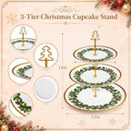1 Pack Christmas 3 Tier Cupcake Stand, Holly Melamine Serving Tray in Red and Green, alternate view 3