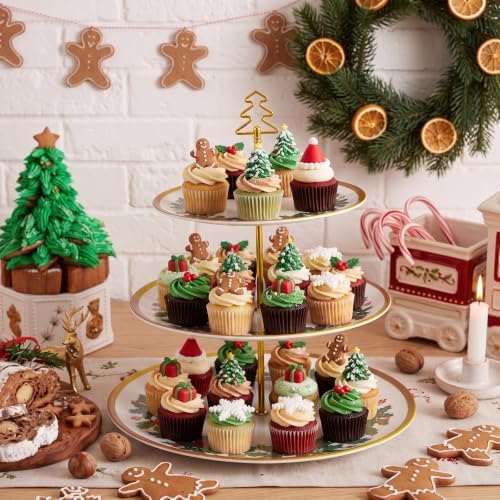 1 Pack Christmas 3 Tier Cupcake Stand, Holly Melamine Serving Tray in Red and Green, alternate view 5