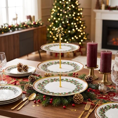 1 Pack Christmas 3 Tier Cupcake Stand, Holly Melamine Serving Tray in Red and Green, alternate view 6