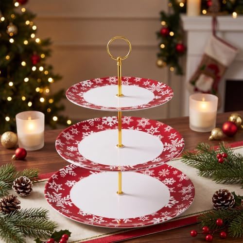 1 Pack Christmas 3 Tier Cupcake Stand, Melamine Serving Tray in Red and White, alternate view 2
