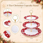 1 Pack Christmas 3 Tier Cupcake Stand, Melamine Serving Tray in Red and White, alternate view 3