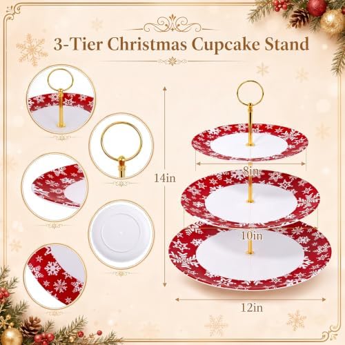 1 Pack Christmas 3 Tier Cupcake Stand, Melamine Serving Tray in Red and White, alternate view 3