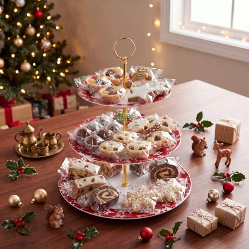 1 Pack Christmas 3 Tier Cupcake Stand, Melamine Serving Tray in Red and White, alternate view 5
