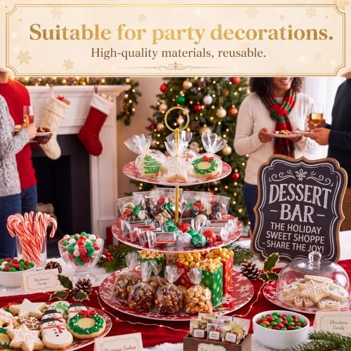 1 Pack Christmas 3 Tier Cupcake Stand, Melamine Serving Tray in Red and White, alternate view 6