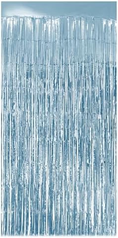 1 Pack Light Blue Fringe Backdrop, 3.2x8.2ft Shining Foil Tinsel Curtains, Birthday Party Decorations Door