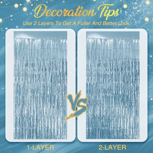 1 Pack Light Blue Fringe Backdrop, 3.2x8.2ft Shining Foil Tinsel Curtains, Birthday Party Decorations Door, alternate view 7