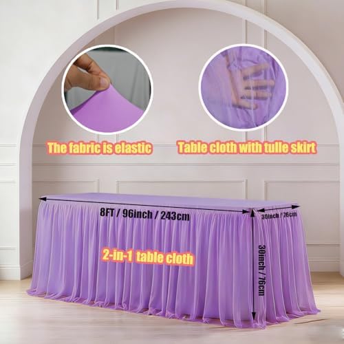 1-Pack Light Purple 2-in-1 Tulle Tablecloth for 8-Foot Rectangular Table in 96" x 30" (Rectangular) in Light, alternate view