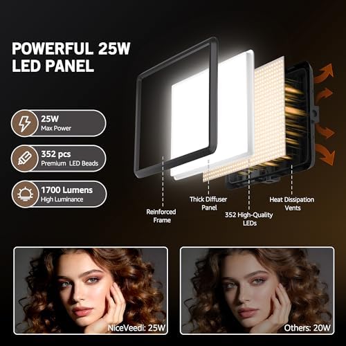 1-Pack Photography Lighting Kit, NiceVeedi 25W LED Video Light Kit, 2900-7000K Dimmable Studio Light with Tripod, alternate