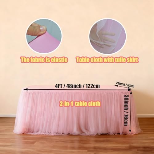 1-Pack Pink 2-in-1 Tulle Tablecloth for 4-Foot Rectangular Table in 48" x 24" (Rectangular) in Pink, alternate view 2