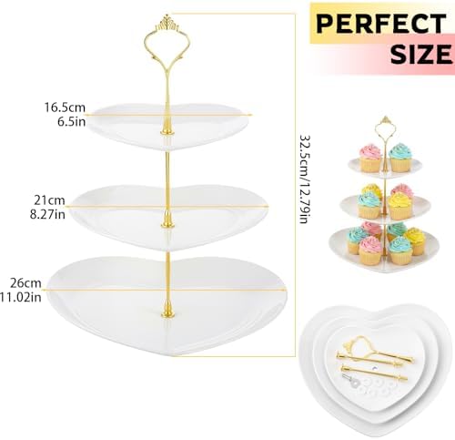 1 Pack Wedding 3 Tier Cupcake Stand Heart Shaped 3 Tiered Serving Trays for Party Plastic Tray Dessert Cupcake, alternate