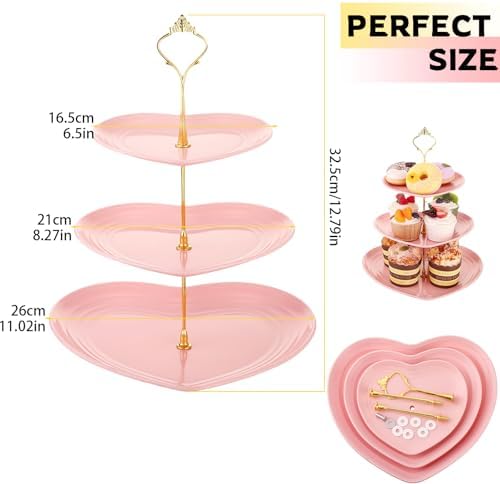 1 Pack Wedding 3 Tier Cupcake Stand Heart Shaped 3 Tiered Serving Trays for Party Plastic Tray Dessert Cupcake, alternate