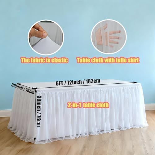 1-Pack White 2-in-1 Tulle Tablecloth for 6-Foot Rectangular Table in 72" x 30" (Rectangular) in White, alternate view 2