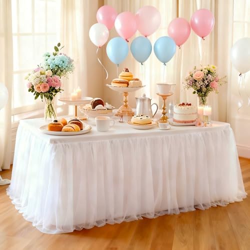 1-Pack White 2-in-1 Tulle Tablecloth for 8-Foot Rectangular Table in 96" L x 30" W x 30" H (Rectangular) 1-Pack