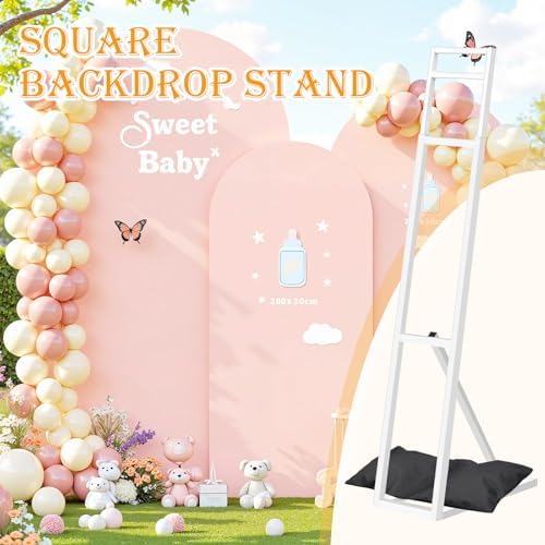 1 Pack White Wedding Backdrop Stand, Adjustable Metal Arch with Foldable Base and Weight Bag, Foam Board Display, alternate