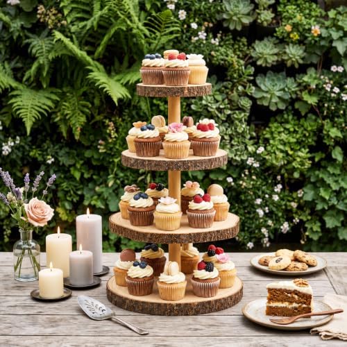 1 Pack Wood Cupcake Stand, 3 Tier Wood Cake Stands, Round Tiered Tray Stand, Large Rustic Cake Display Holder, alternate view