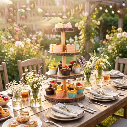 1 Pack Wood Cupcake Stand, 3 Tier Wood Cake Stands, Round Tiered Tray Stand, Large Rustic Cake Display Holder, alternate view