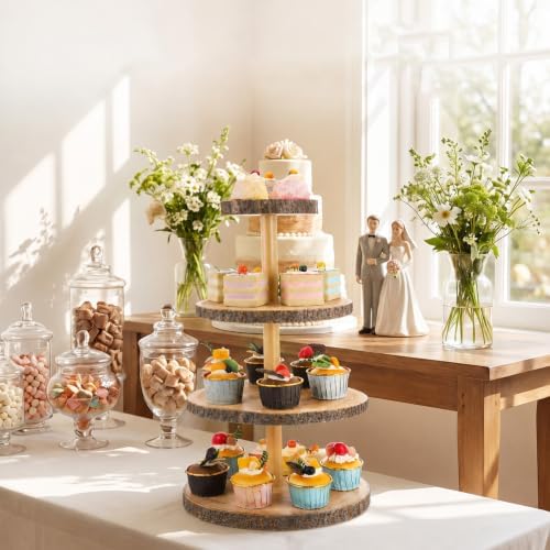 1 Pack Wood Cupcake Stand, 3 Tier Wood Cake Stands, Round Tiered Tray Stand, Large Rustic Cake Display Holder, alternate view