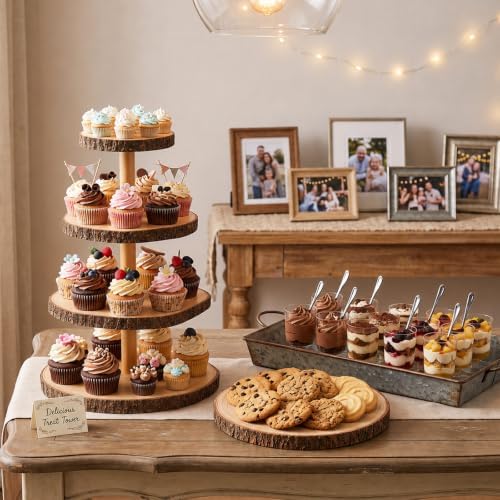 1 Pack Wood Cupcake Stand, 3 Tier Wood Cake Stands, Round Tiered Tray Stand, Large Rustic Cake Display Holder, alternate view