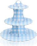 1 Pcs Blue Cupcake Stand Blue and White Gingham 3 Tier Cardboard Cupcake Holder Paper Baby Shower Stand Dessert