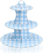 1 Pcs Blue Cupcake Stand Blue and White Gingham 3 Tier Cardboard Cupcake Holder Paper Baby Shower Stand Dessert