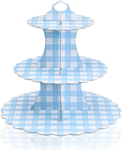 1 Pcs Blue Cupcake Stand Blue and White Gingham 3 Tier Cardboard Cupcake Holder Paper Baby Shower Stand Dessert