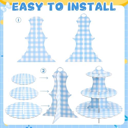 1 Pcs Blue Cupcake Stand Blue and White Gingham 3 Tier Cardboard Cupcake Holder Paper Baby Shower Stand Dessert, alternate