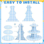 1 Pcs Blue Cupcake Stand Blue and White Gingham 3 Tier Cardboard Cupcake Holder Paper Baby Shower Stand Dessert, alternate