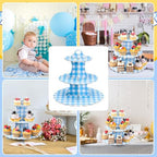 1 Pcs Blue Cupcake Stand Blue and White Gingham 3 Tier Cardboard Cupcake Holder Paper Baby Shower Stand Dessert, alternate
