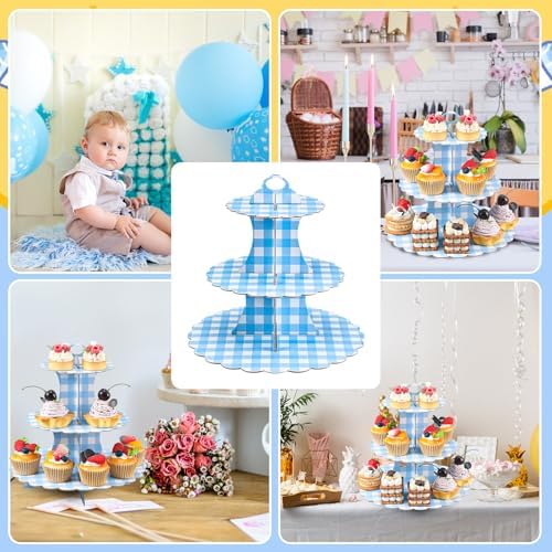 1 Pcs Blue Cupcake Stand Blue and White Gingham 3 Tier Cardboard Cupcake Holder Paper Baby Shower Stand Dessert, alternate