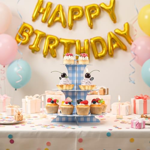 1 Pcs Blue Cupcake Stand Blue and White Gingham 3 Tier Cardboard Cupcake Holder Paper Baby Shower Stand Dessert, alternate