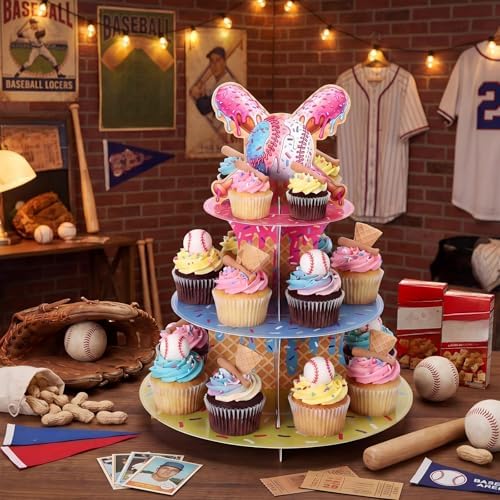 1 Pcs Ice Cream Drip Baseball Party Decorations Cupcake Stand in Bright Color, alternate view 2
